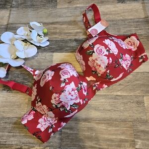 Cacique red floral comfort bliss lightly lined plunge bra size 44DD NWT